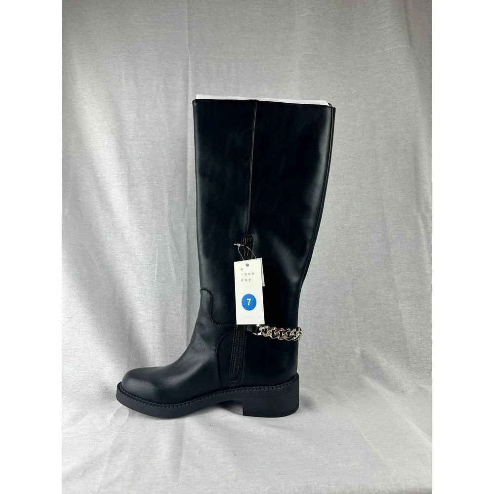 A New Day Womens Tall Black Fashion Boots Gold Chain Detail Side Zip‎ Size 7